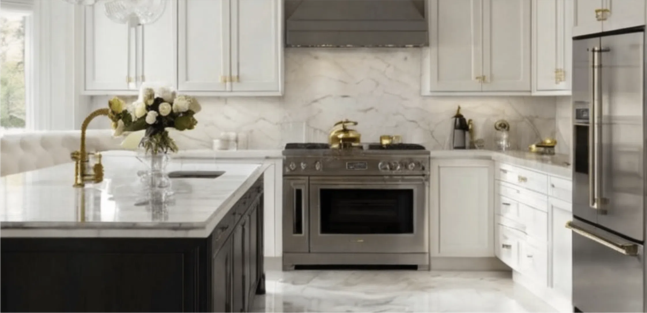 Elegant kitchen featuring stainless steel appliances in the Corner Shelf collection.