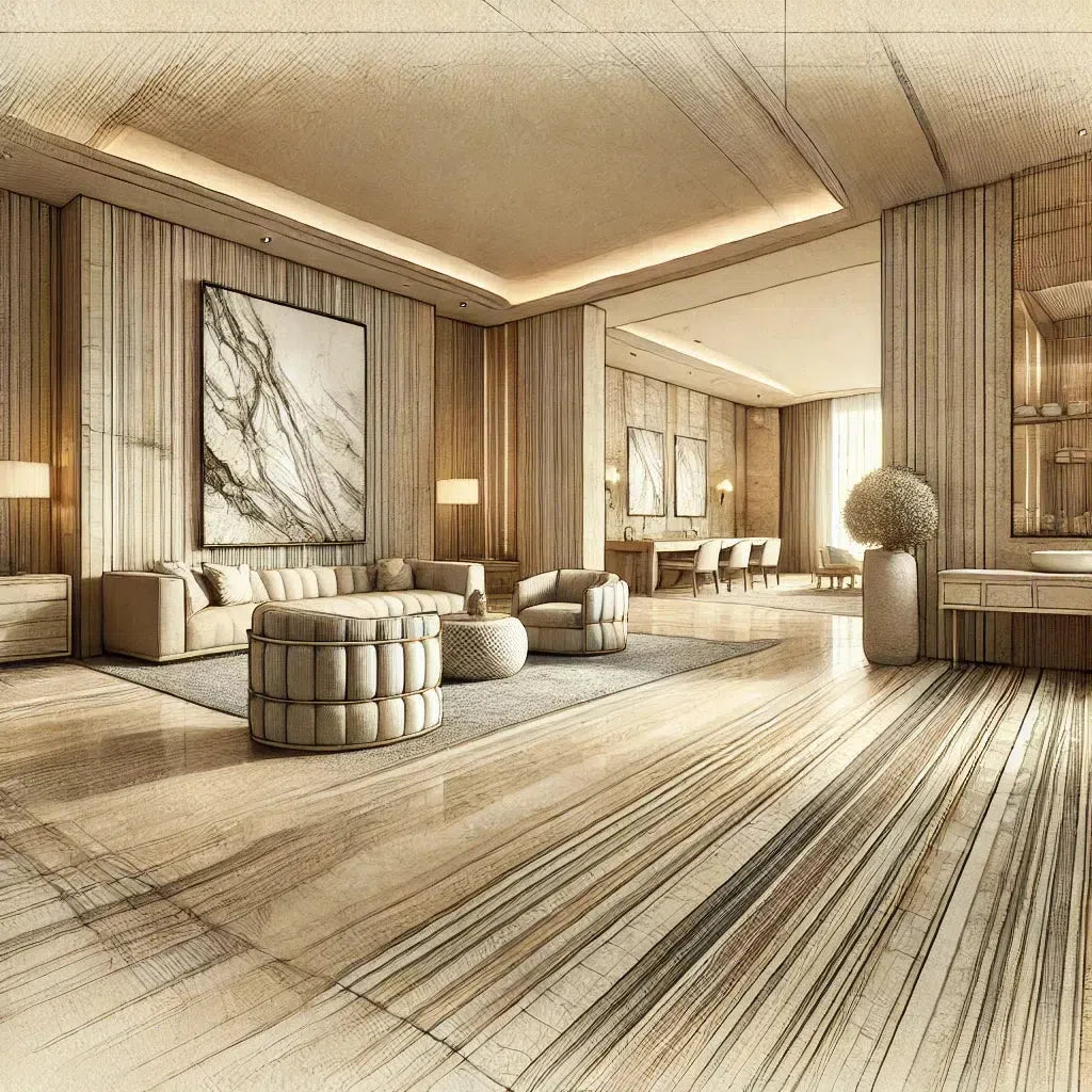Luxurious living room interior featuring Exotic Vein-Cut Travertine design.