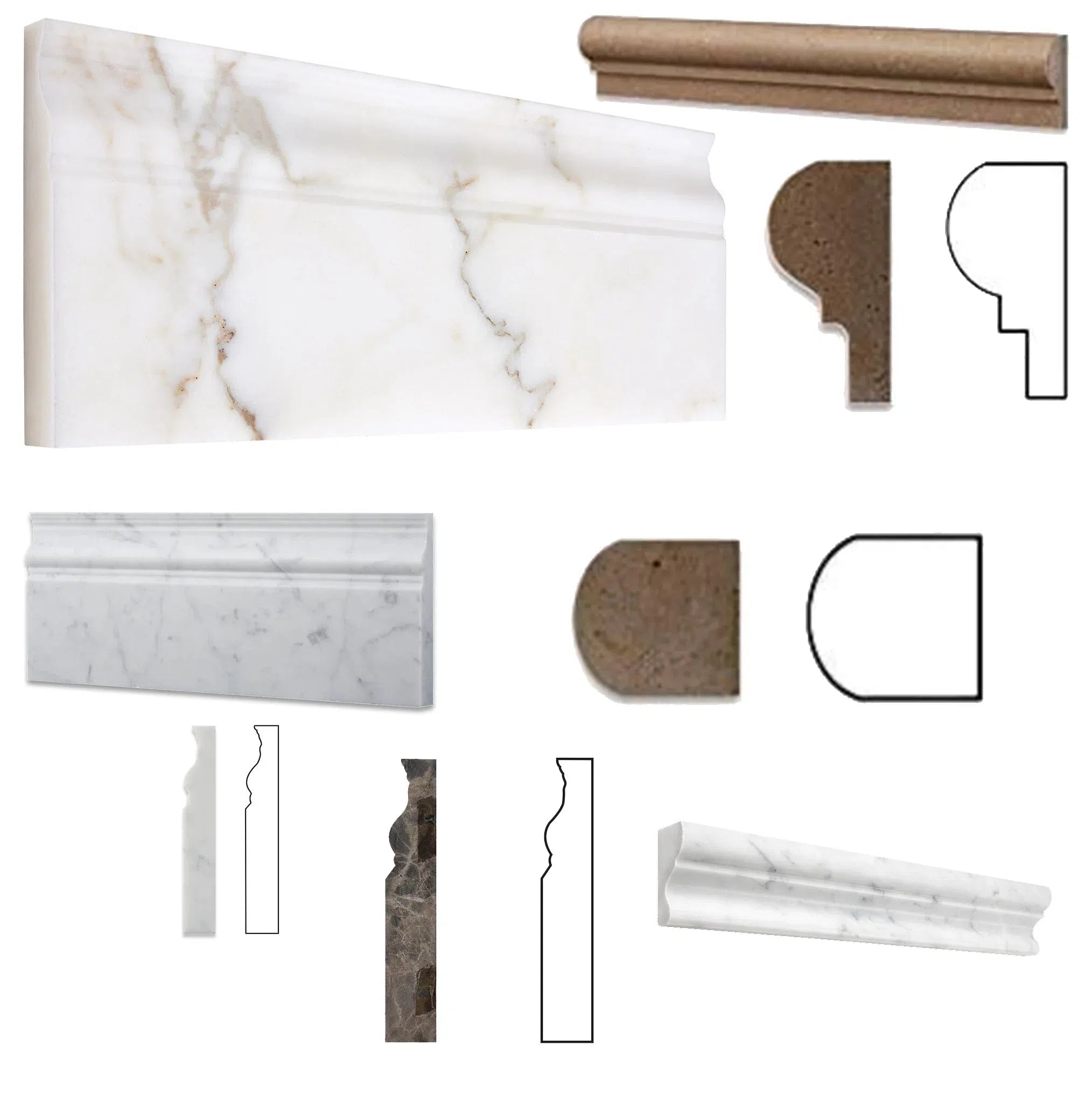 Marble and stone trim samples displayed in a Molding Trim collection.