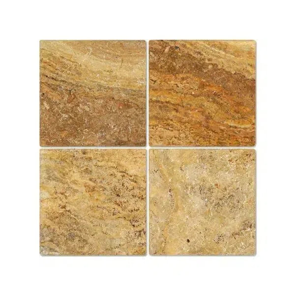 Four square Scabos Travertine tiles showcasing natural stone elegance and texture.