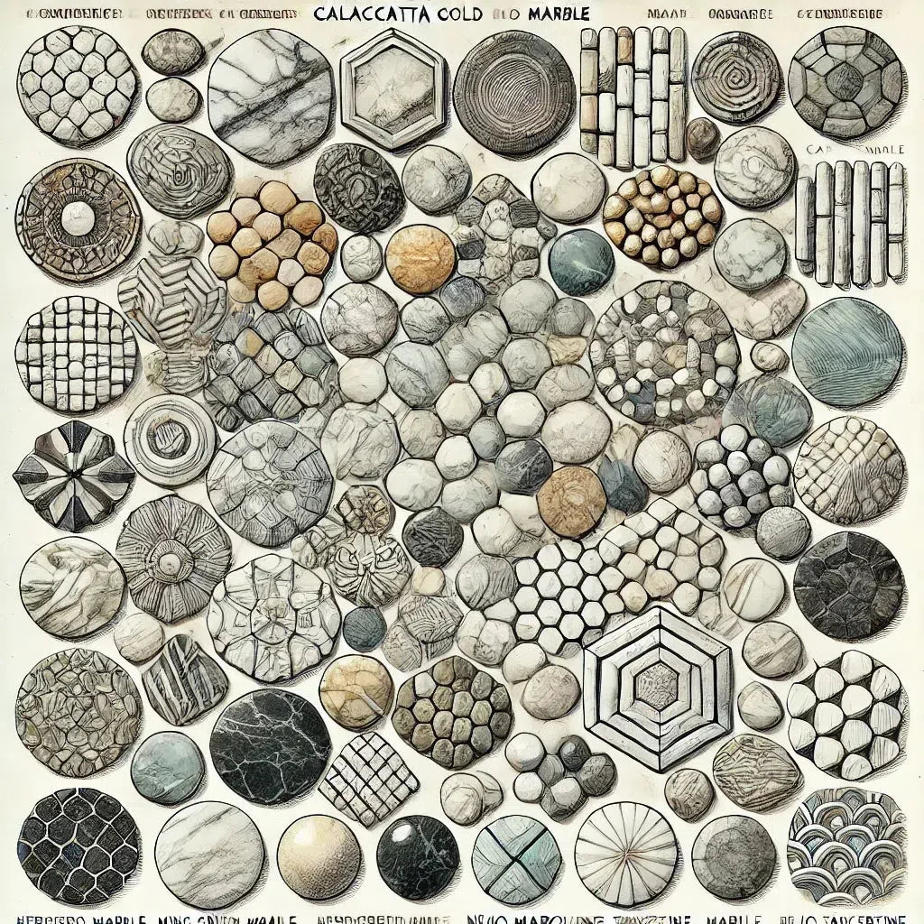 Assorted marble and stone samples displayed in Shop By Type collection