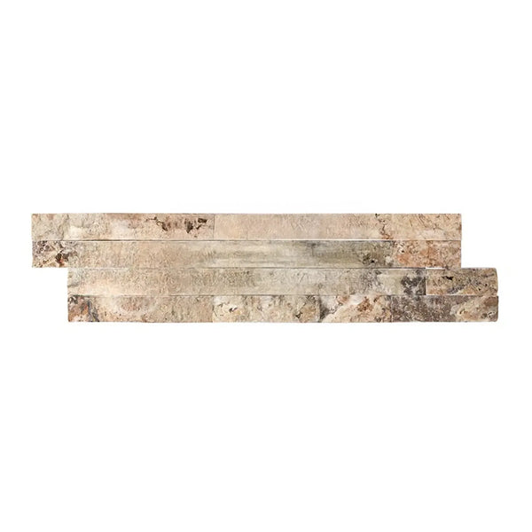 Stacked stone veneer panel in Antico Onyx Travertine Ledger-Panel mosaic design