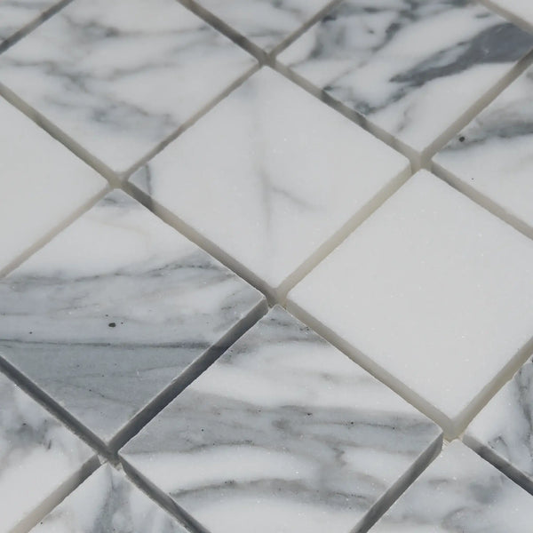 Alternating marble and white square tiles of Arabescato Corchia 2X2 Polished or Honed
