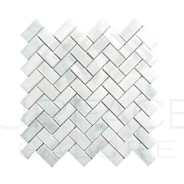 Bianco Venatino White Marble Herringbone Tile showcasing honed mosaic design