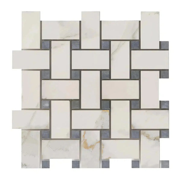 Woven rectangular marble tiles with gray accents in Calacatta Gold Basketweave Mosaic