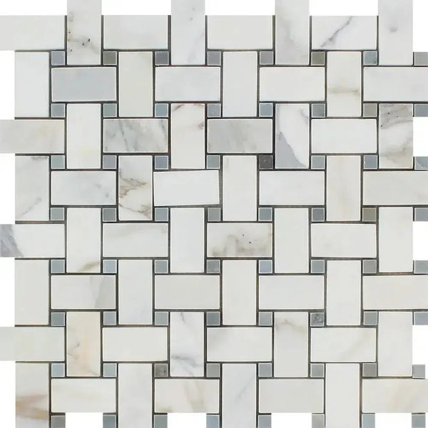 Woven marble tile pattern featuring Calacatta Gold Basketweave Mosaic with Blue-Gray accents