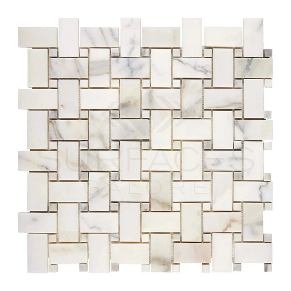 Calacatta Gold Basketweave Mosaic Marble Tile featuring elegant white marble design