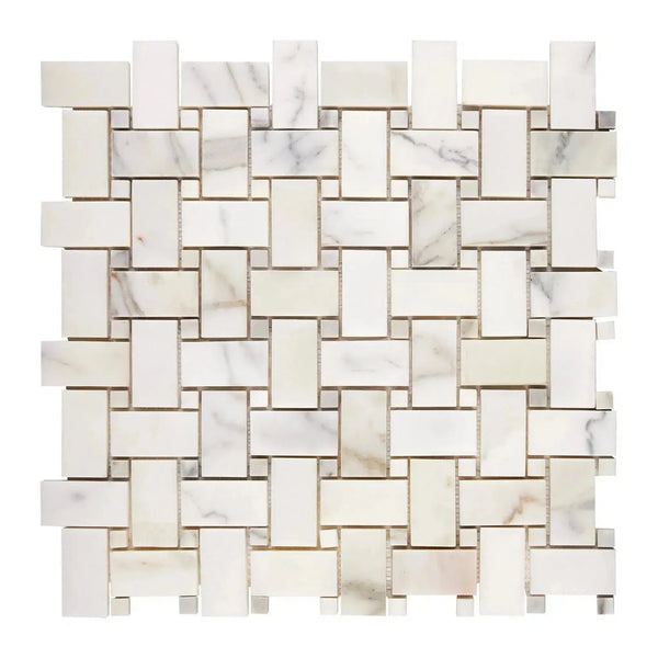 Woven pattern of Calacatta Gold Basketweave Mosaic marble tile, polished finish
