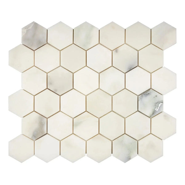 Hexagonal Calacatta Oliva Marble 2 inch Polished or Honed Mosaic Tile Display