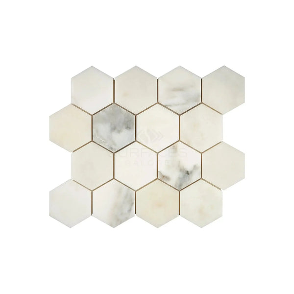 Calacatta Oliva Marble 3 inch Hexagon Mosaic Tile in polished and honed finish