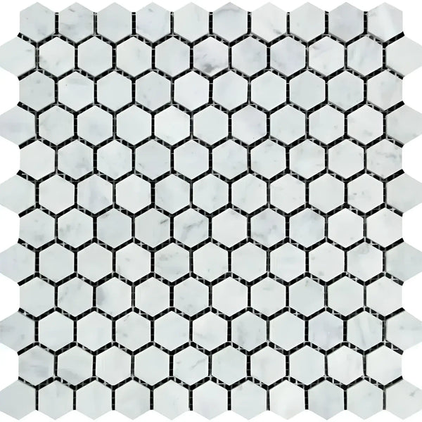 Carrara White 1 Inch Hexagon Mosaic Marble Tile Polished or Honed in white marble