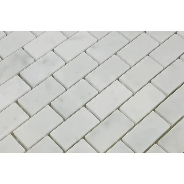 Carrara White 1X2 Brick Mosaic Marble Tile Polished or Honed in a white marble pattern