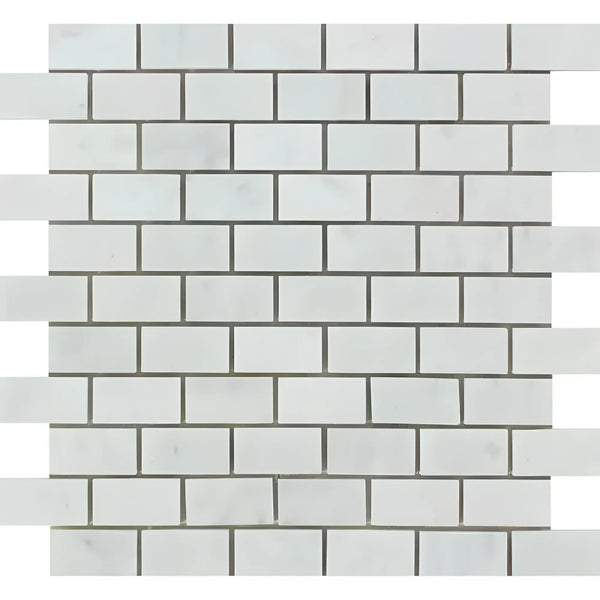 Carrara White 1X2 Brick Mosaic Marble Tile showcasing polished and honed white brick pattern