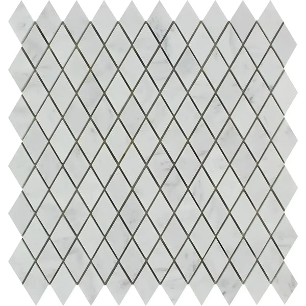 Carrara White 1X2 Diamond Rhomboid Polished Marble Mosaic Tile in White