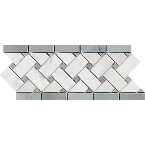 Herringbone marble mosaic tile border in Carrara White 4 3/4X12 Basketweave design