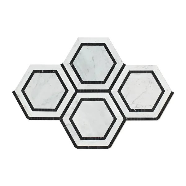Carrara White 5-inch hexagon combination mosaic marble tile with black accents