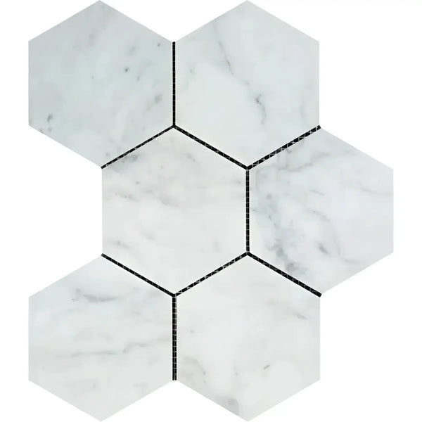 Hexagonal marble tile mosaic featuring Carrara White 5 inch polished or honed finish