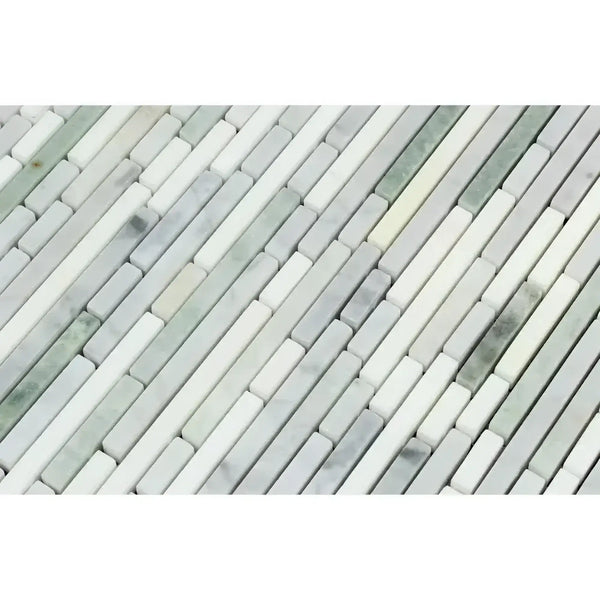 Carrara White Bamboo Sticks Mosaic Tile Pattern in Thassos and Ming Green Polished Finish