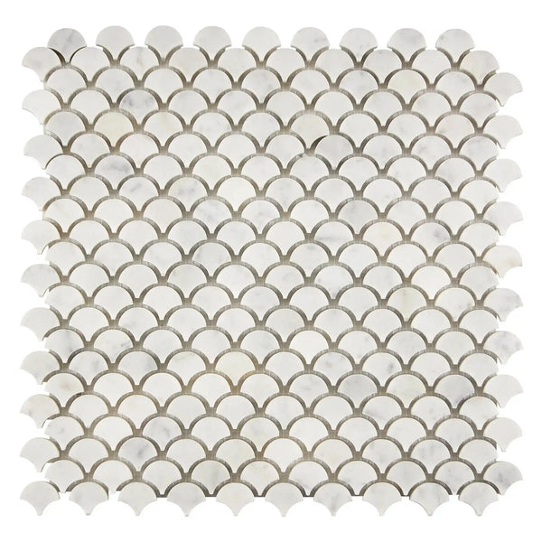 White marble scallop tile mosaic from Carrara White Fan Raindrop Marble Tile collection