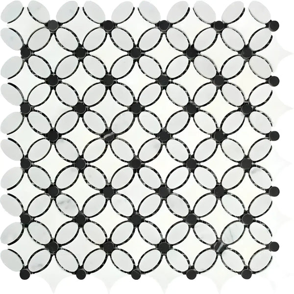Mosaic tile pattern featuring Carrara White Florida Flower Marble in polished finish