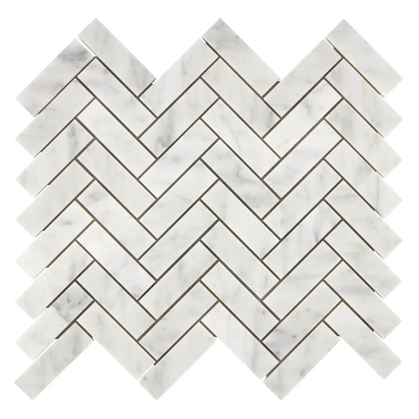 Carrara White Herringbone Mosaic 1X3 Brick Marble Tile in polished finish