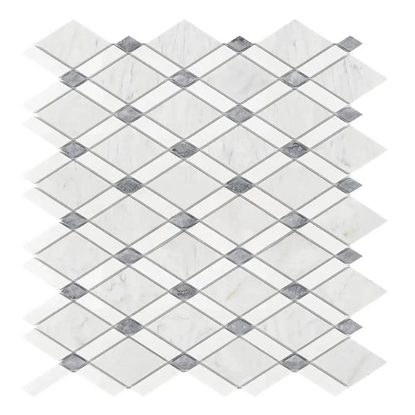 Diamond-patterned Carrara White Lattice Mosaic Marble Tile in polished or honed finish
