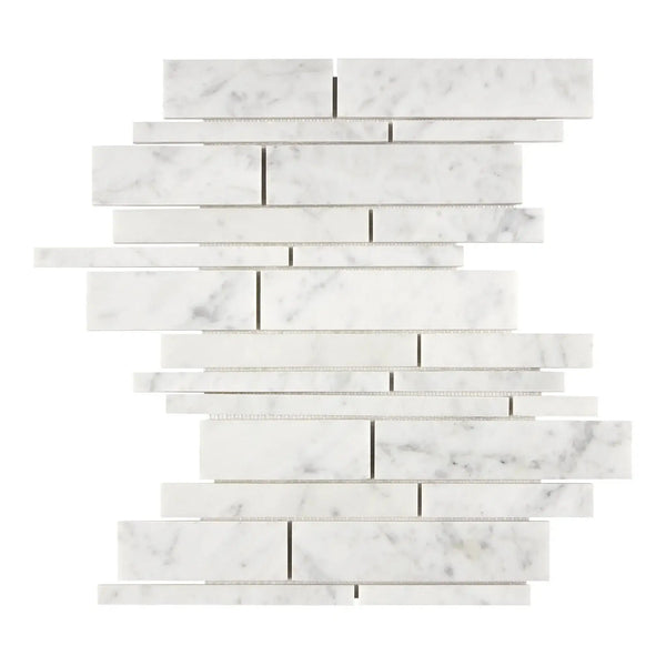 Carrara White Manhattan Random-Strip Mosaic Marble Tile in polished and honed finishes