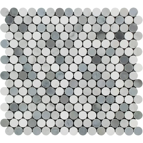 Mosaic tile sheet featuring gray and white circles in Carrara White Penny-Round design