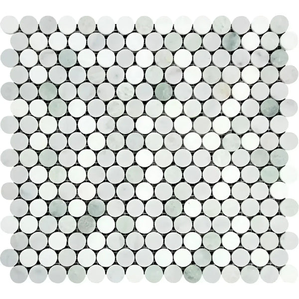 Circular mosaic tile sheet featuring Carrara White Penny-Round marble design
