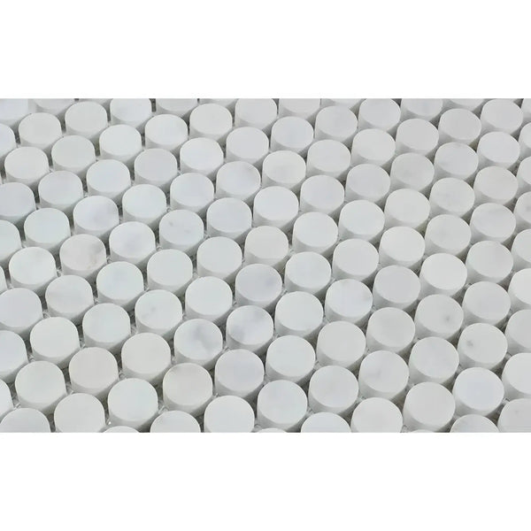 Carrara White Penny-Round Mosaic Marble Tile showcasing polished and honed white tiles