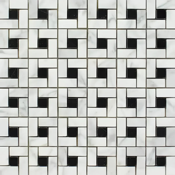 Black and white geometric tile pattern of Carrara White Pinwheel Mosaic Marble Tile