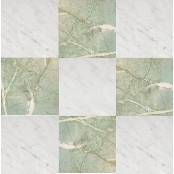 Checkerboard Bianco Carrara White and Ming Green Marble Tile Pattern 12x12 Set