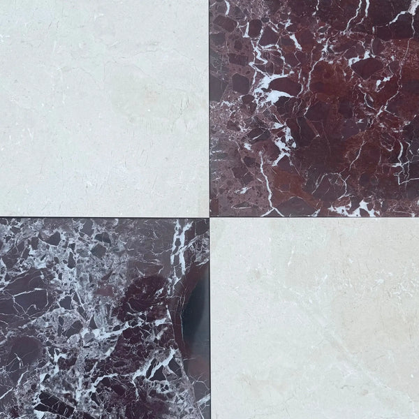 Four marble tiles from Checkerboard Rosso Levanto and Crema Marfil 12X12 set
