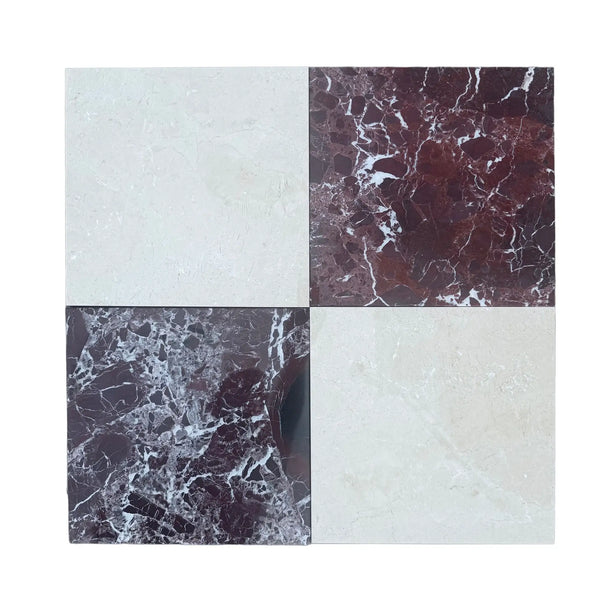 Four-square marble tile arrangement in Checkerboard Rosso Levanto and Crema Marfil 12X12 Set