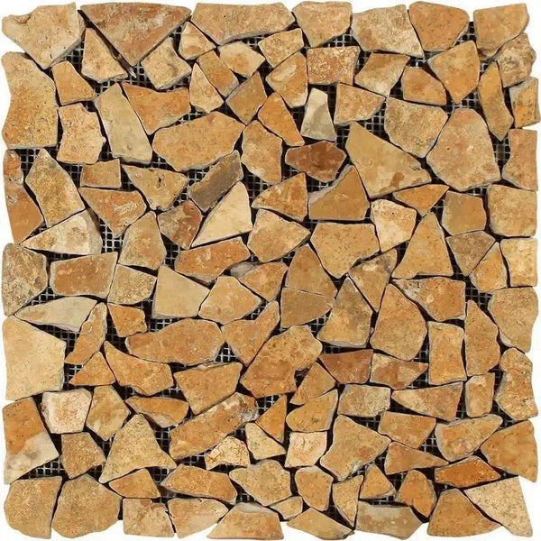 Irregular tan stone mosaic tile from Gold Yellow Travertine Paledian Flat-Pebble collection