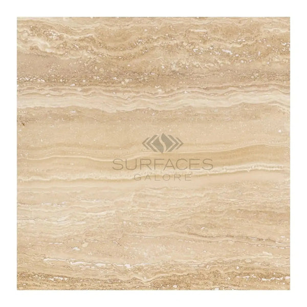Beige Travertine tile in Ivory Light finish, 18X18 vein-cut, filled and polished