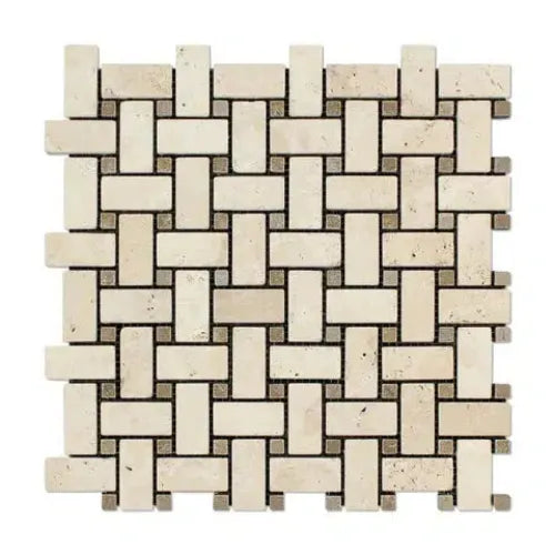 Woven pattern of Ivory Travertine Basketweave with Noce Dots Mosaic tiles