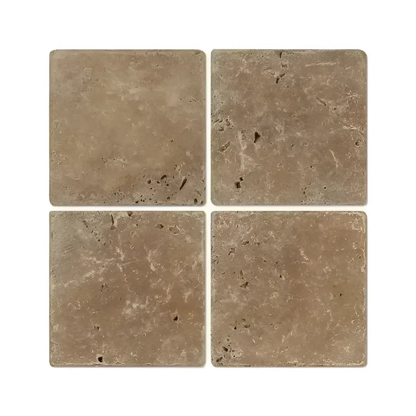 Four square Noce Brown Travertine 12X12 Cross-Cut Tumbled tiles arranged decoratively