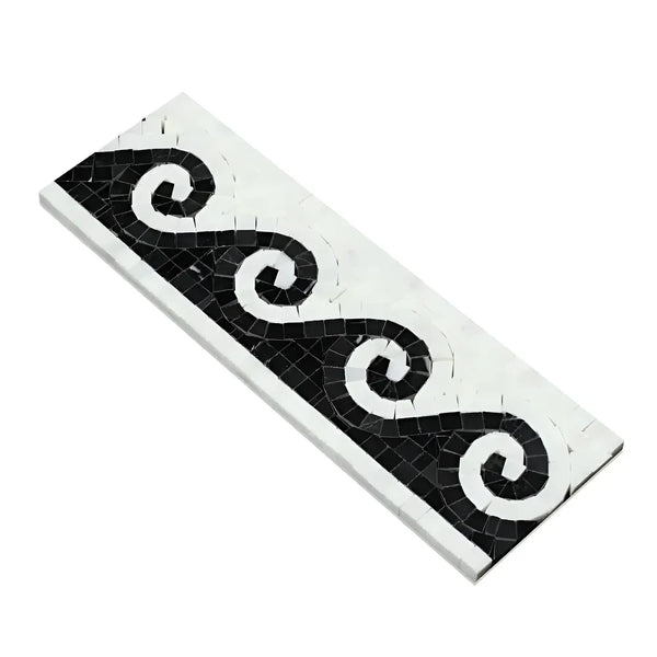 Black and white mosaic tile border for Oriental White Asian Statuary Wave Border