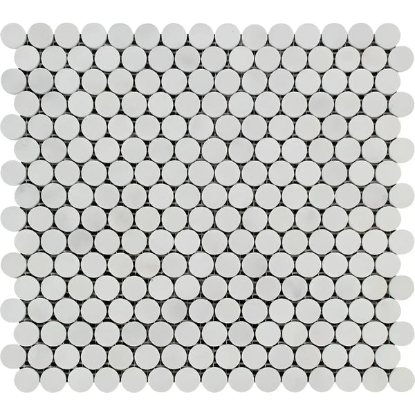 White penny tile sheet from Oriental White Marble Mosaic collection for elegant interiors