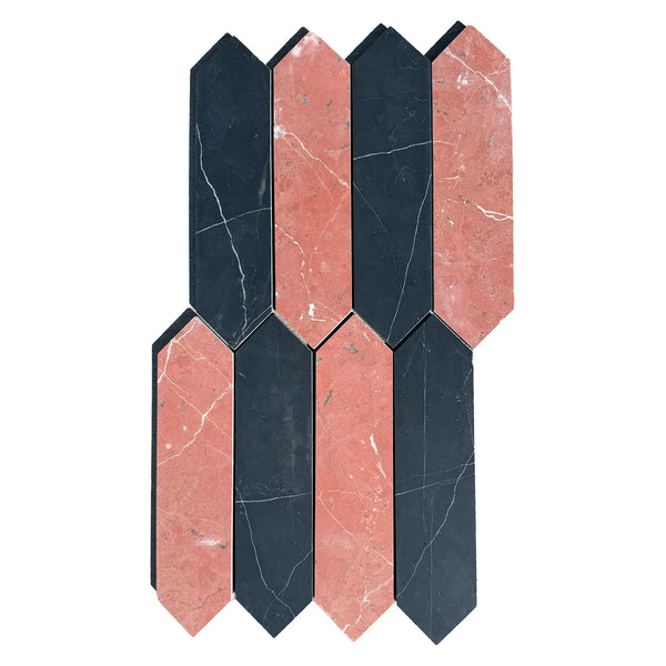 Alternating black and pink marble tiles in Rojo Alicante & Nero Marquina mosaic design