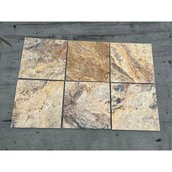 Six square Scabos Travertine 12X24 Vein-Cut Filled Polished or Honed tiles displayed