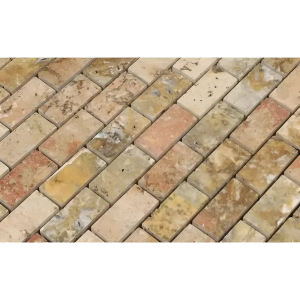 Rectangular travertine tile mosaic in Scabos Travertine 1X2 Brick Polished design