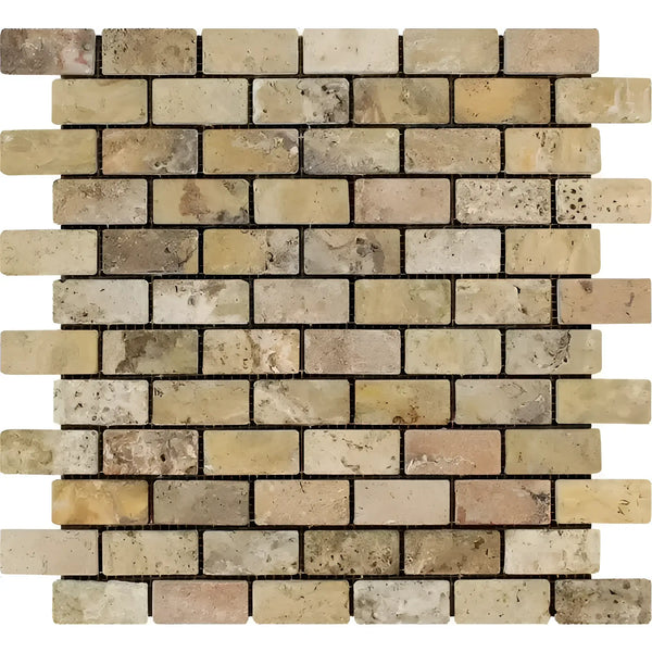 Rectangular Scabos Travertine 1X2 Brick Mosaic Tumbled tile sheet for elegant decor