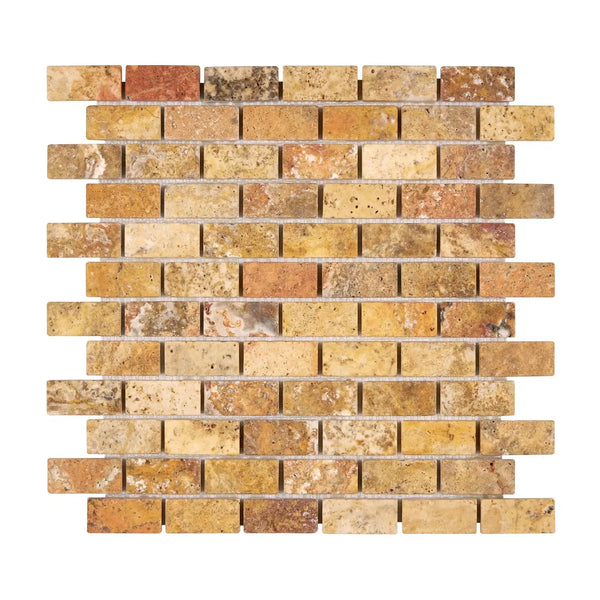Scabos Travertine 1X2 Brick Mosaic Tumbled showcasing elegant travertine brick tile design