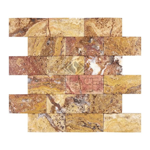 Scabos Travertine 2X4 Brick Mosaic CNC-Arched & Honed wall tile displayed elegantly
