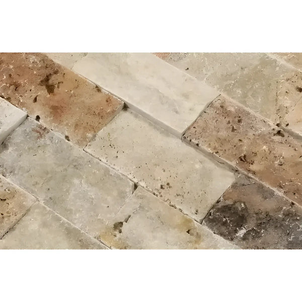 Rectangular Scabos Travertine 2X4 Brick Mosaic Split-Faced tiles showcasing natural beauty