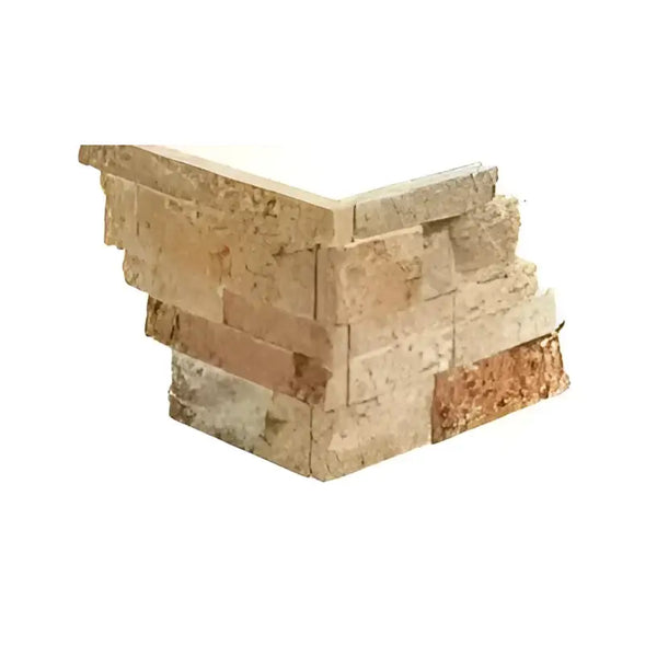 Scabos Travertine Ledger-Panel corner featuring stacked stone veneer design