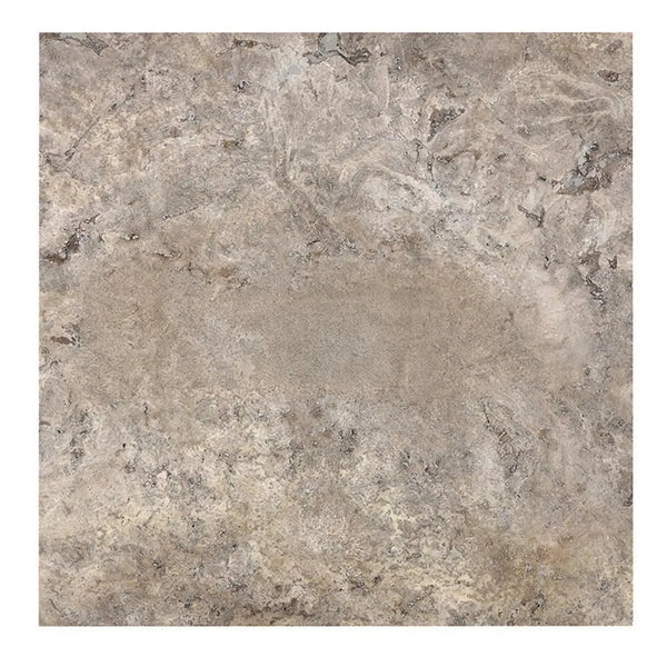 Square tile featuring mottled gray-brown pattern from Silver Travertine 12X12 collection