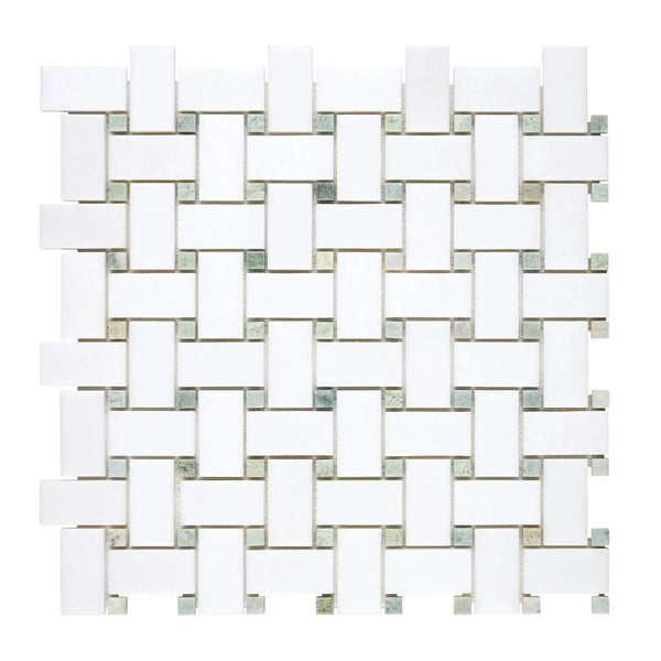 Woven white and gray tile mosaic in Thassos White Basketweave Marble design